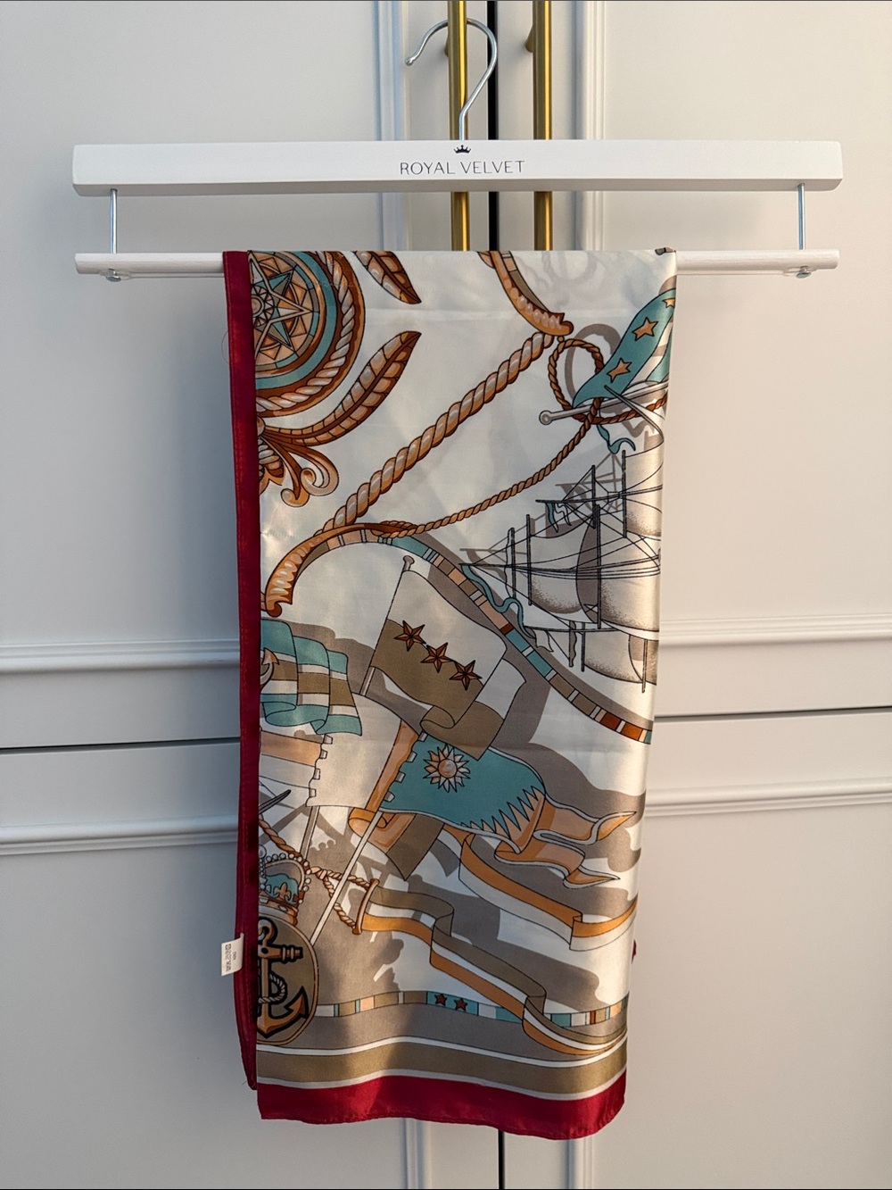 Silk Nautical Print Scarf in Teal, Beige & Burgundy